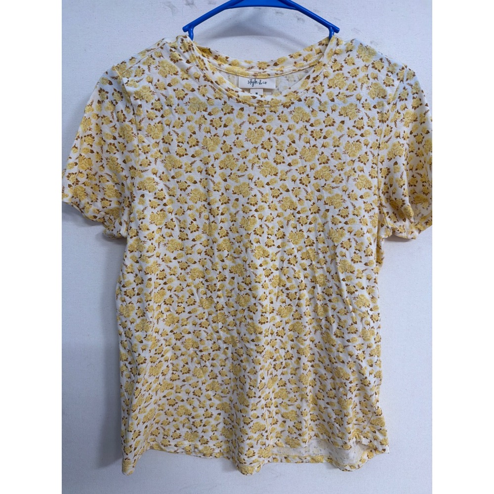 Style & Co Womens Medium Yellow White Floral Crew Neck Short Sleeve T-Shirt